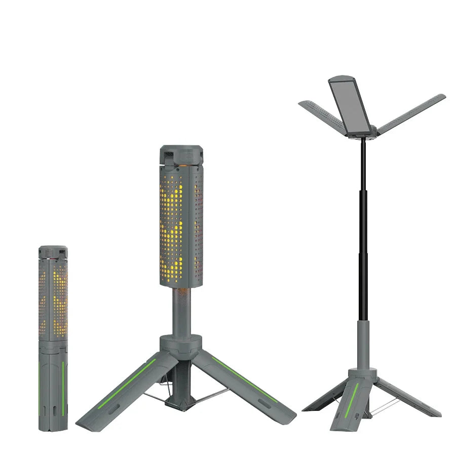 lampe camping rechargeable 8000mAh gris vert multifonctionnelle modes étanche trépied portable