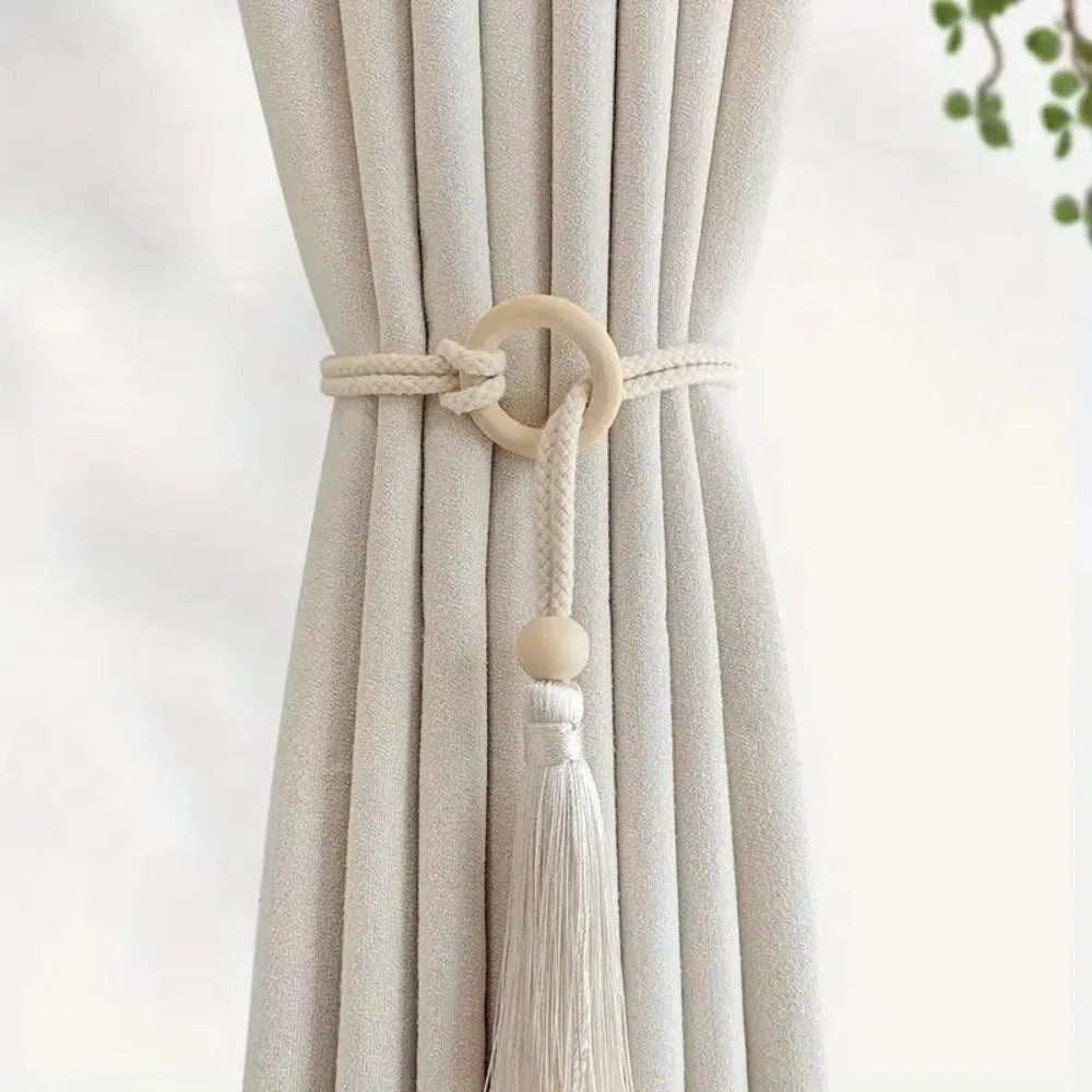 rideaux bohèmes attache corde coton bois pompon frange décoratif scandinave rustic