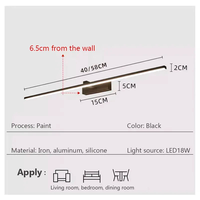 miroir led appliques murales modernes éclairage salle bain chambre coucher noir mat 40cm 60cm