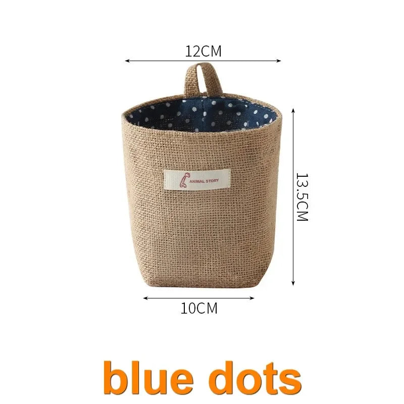 sac rangement toile jute pois rayures beige bleu clair rustique boho chic pliable crochet