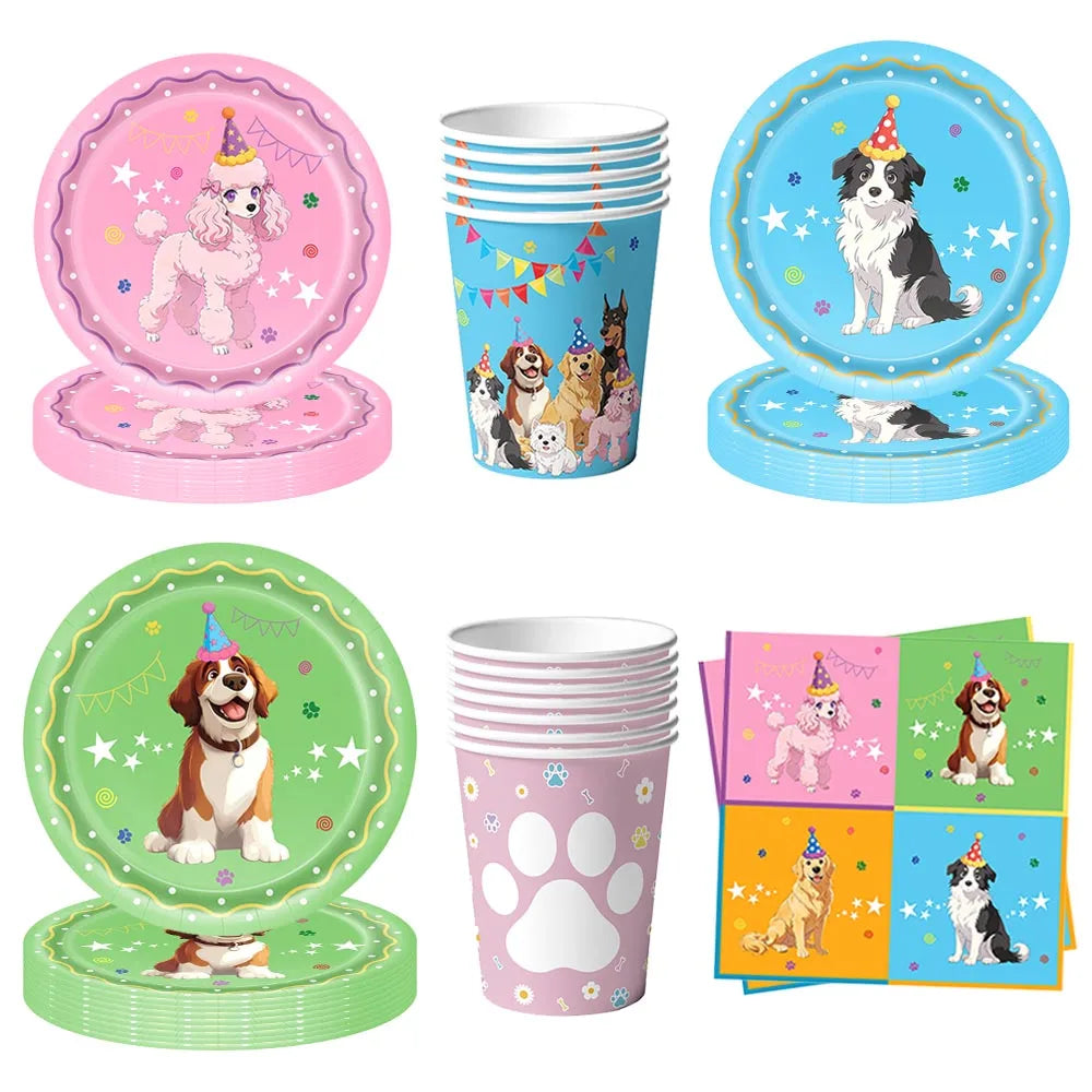 assiettes papier motif chiens fete anniversaire couleurs rose bleu vert orange serviettes