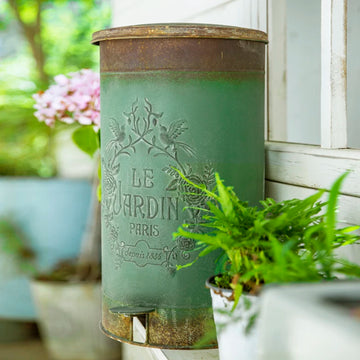 Poubelle vintage métal gris coq imprimé pot jardin déchets patio poignée amovible