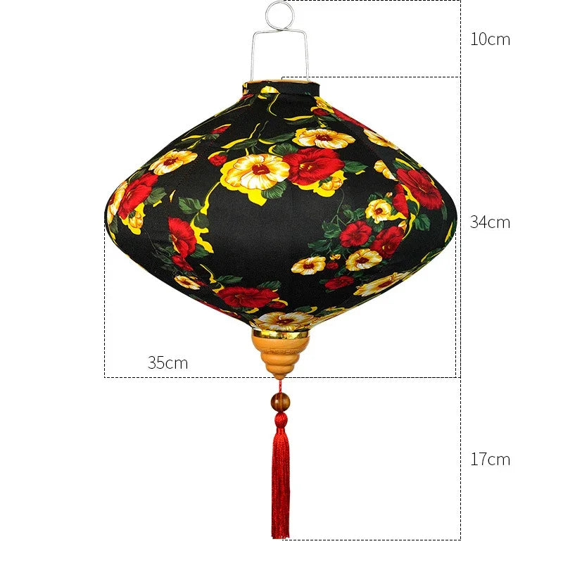 lanterne japonaise traditionnelle rouge fleurs décorative artisanale pompon bois suspendue