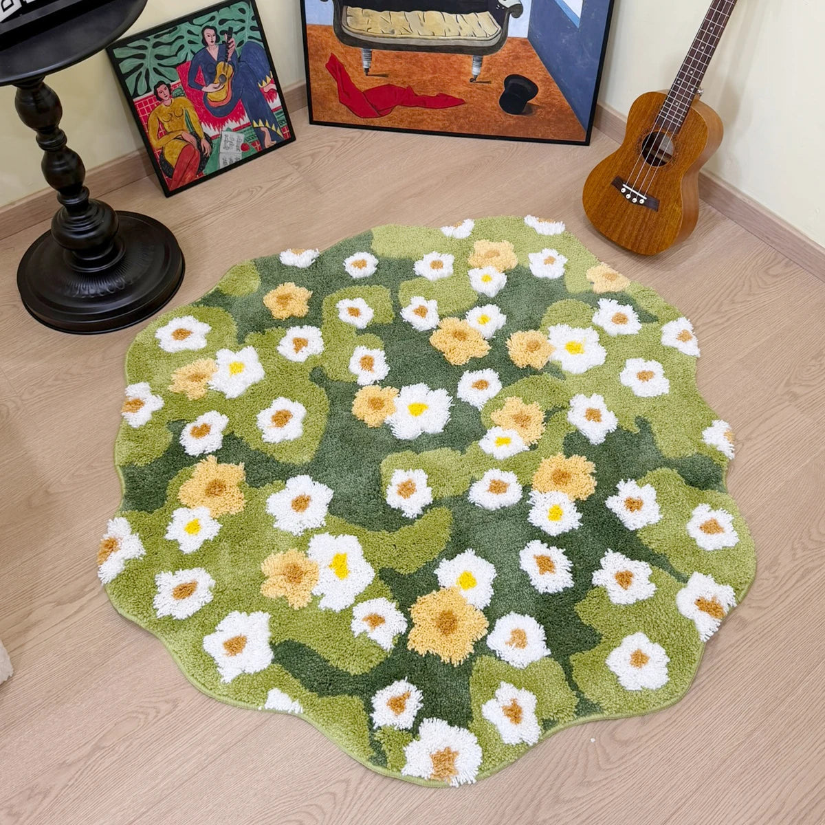 tapis vert fleurs blanches jaunes polyester caoutchouc antidérapant moderne salon chambre coucherextérieur