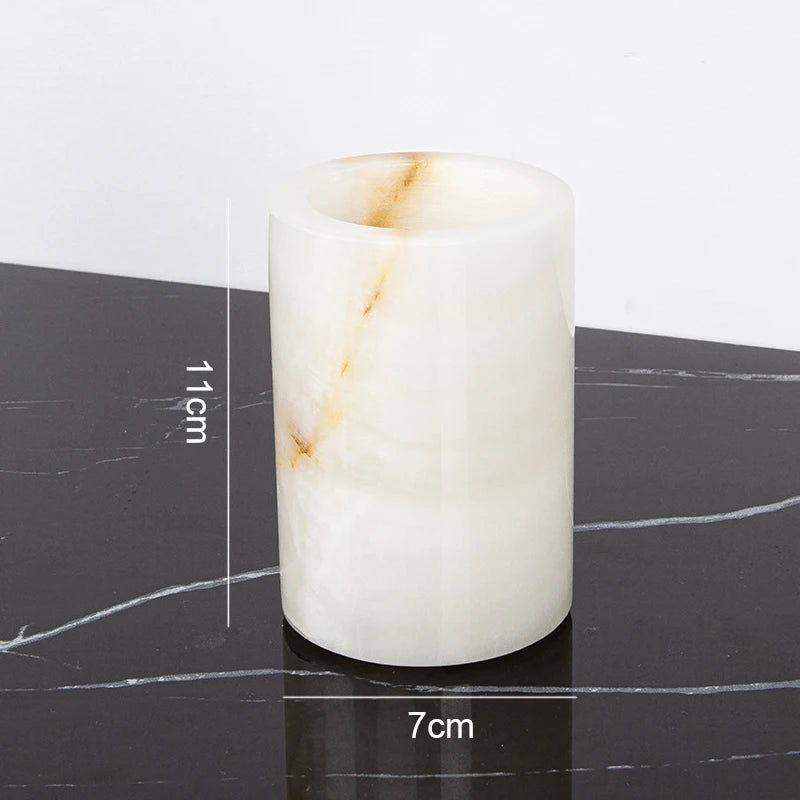 ensemble salle bain marbre onyx blanc distributeur savon porte brosse dents plateau luxe
