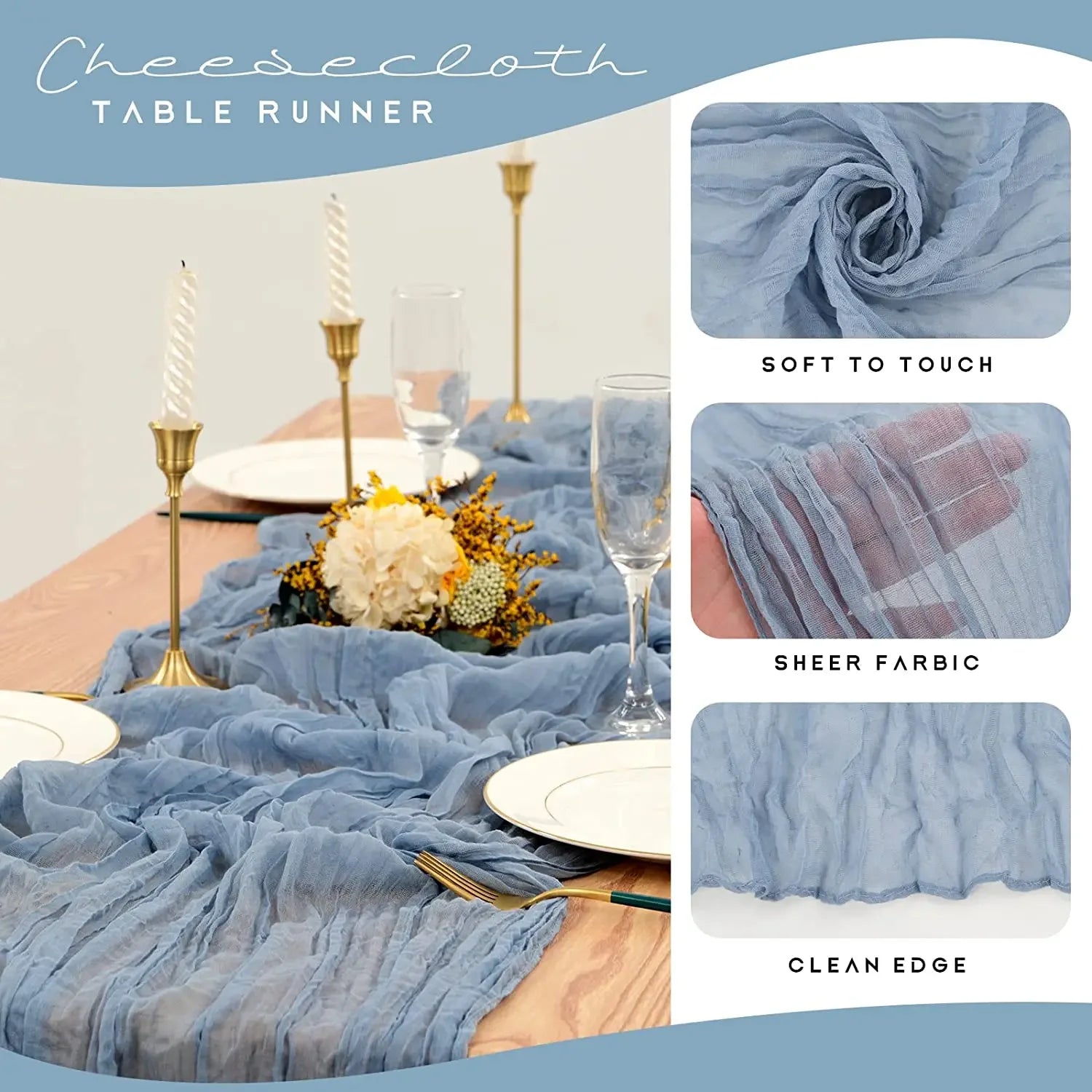 Chemin de table gaze bleu ciel sur table en bois
