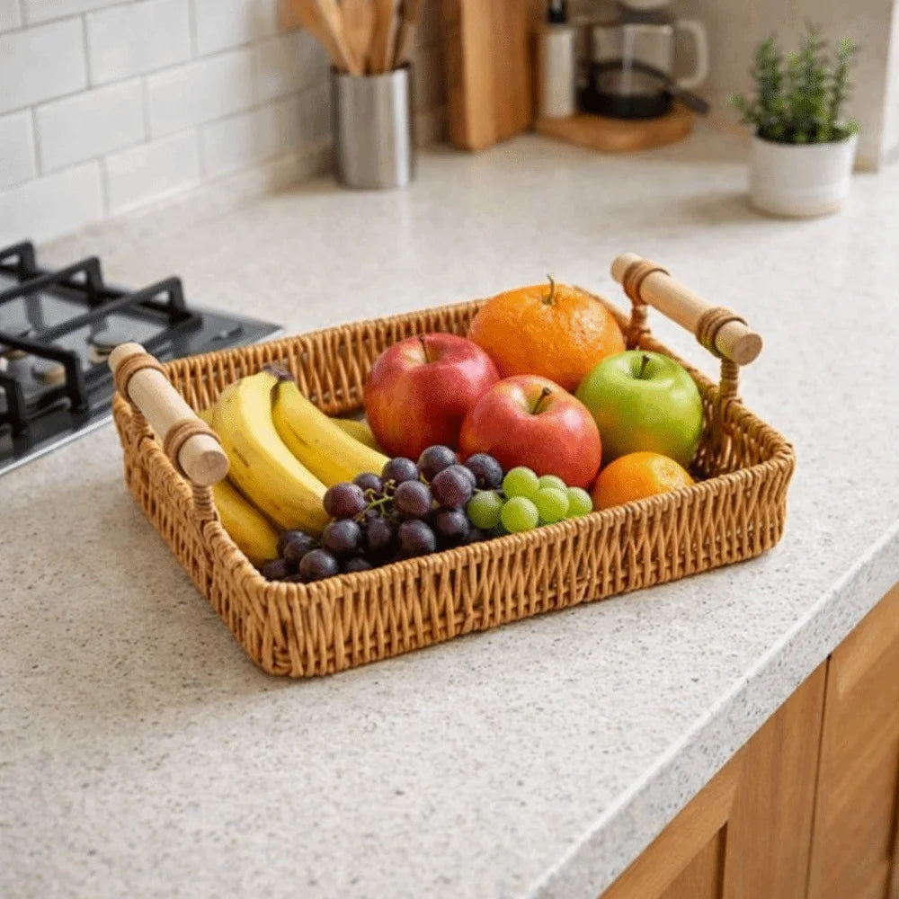 panier tressé naturel traditionnel poignées bois plateau service alimentaire gain place rangement plastique imitation