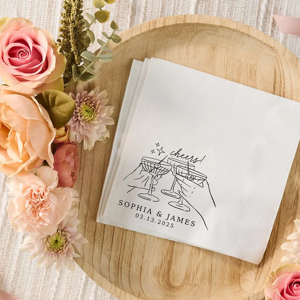 serviettes table personnalisables blancs imprimés noms dates illustrations moderne élégants mariage anniversaire fêtes