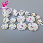 service thé miniature blanc doré rose bleu vert fleurs classique tasse théière soucoupe assiette