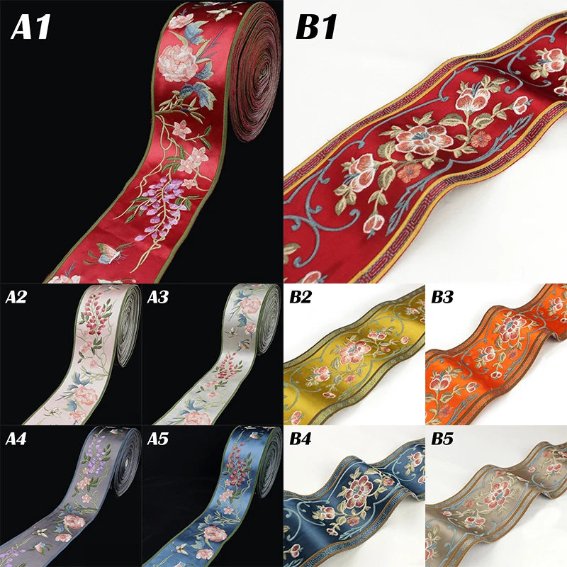 rubans décoratifs brodés fleurs feuilles oiseaux polyester large rouge bleu orange jaune marron gris