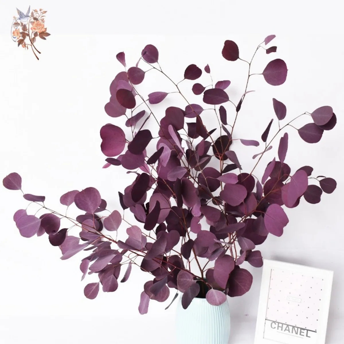 décoration intérieure bouquet fleurs séchées eucalyptus feuilles pomme naturel vert violette moderne mariage maison