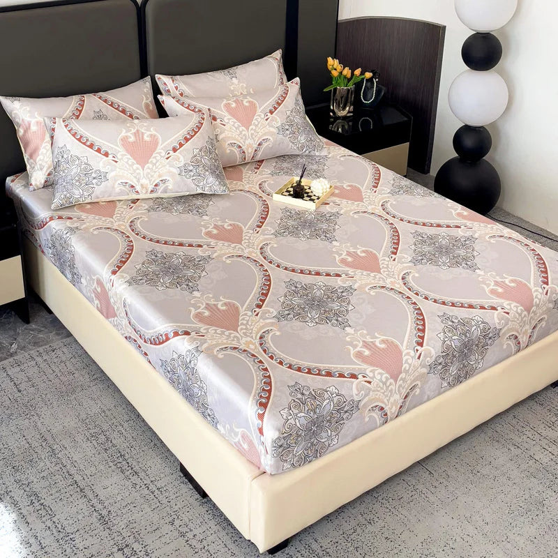 drap housse lit bleu clair doré motif floral classique taies d'oreiller coton
