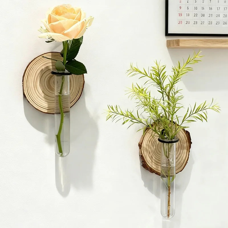 vase verre transparent support bois feuilles vertes deco murale moderne naturelle fixations rustic minimaliste