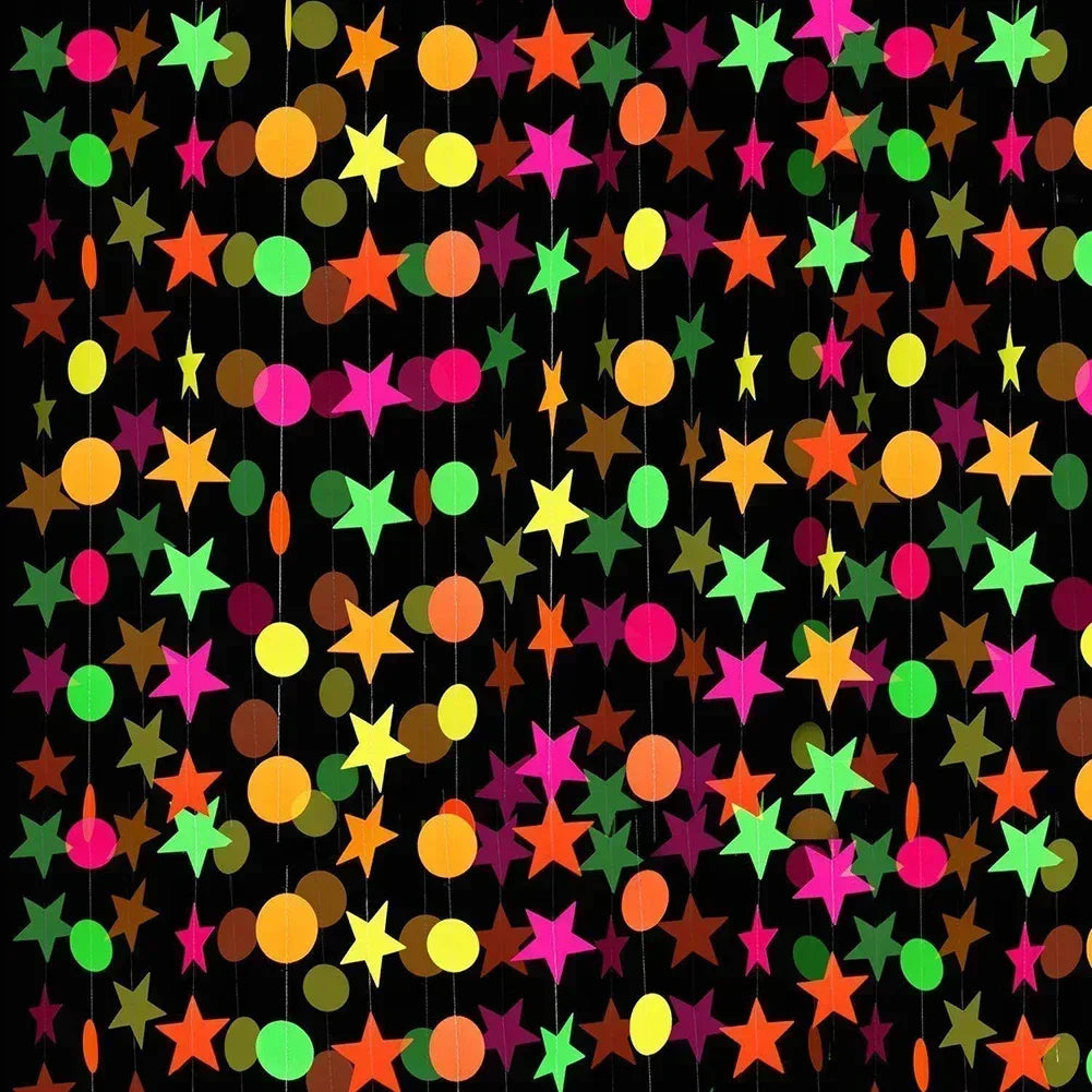 décoration fête étoiles rondes géométriques papier néon couleur bannières happy birthday anniversaire mariage fluorescent