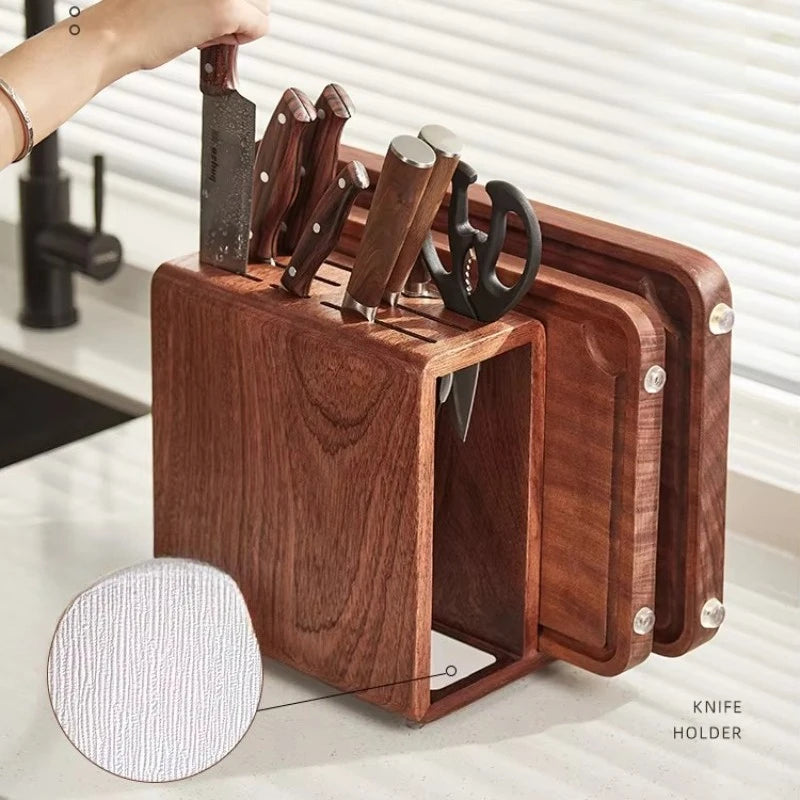 rangement couteaux bois marron moderne poignées métal scie planche découpe