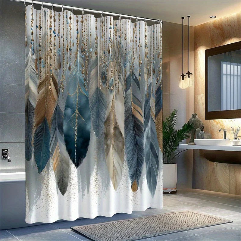 rideau douche boho chic plumes bleu beige opacité tissu polyester robuste lavable machinecoration salle