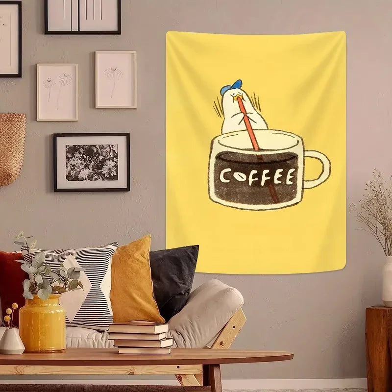 tapisserie murale cartoon tasse canard chambre salon minimaliste jaune clair polyestère lavable machine
