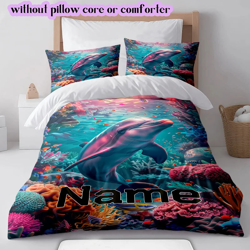 housse couette parure lit imprimée dauphin sous marin multicolore moderne oreillers bleu vert rose