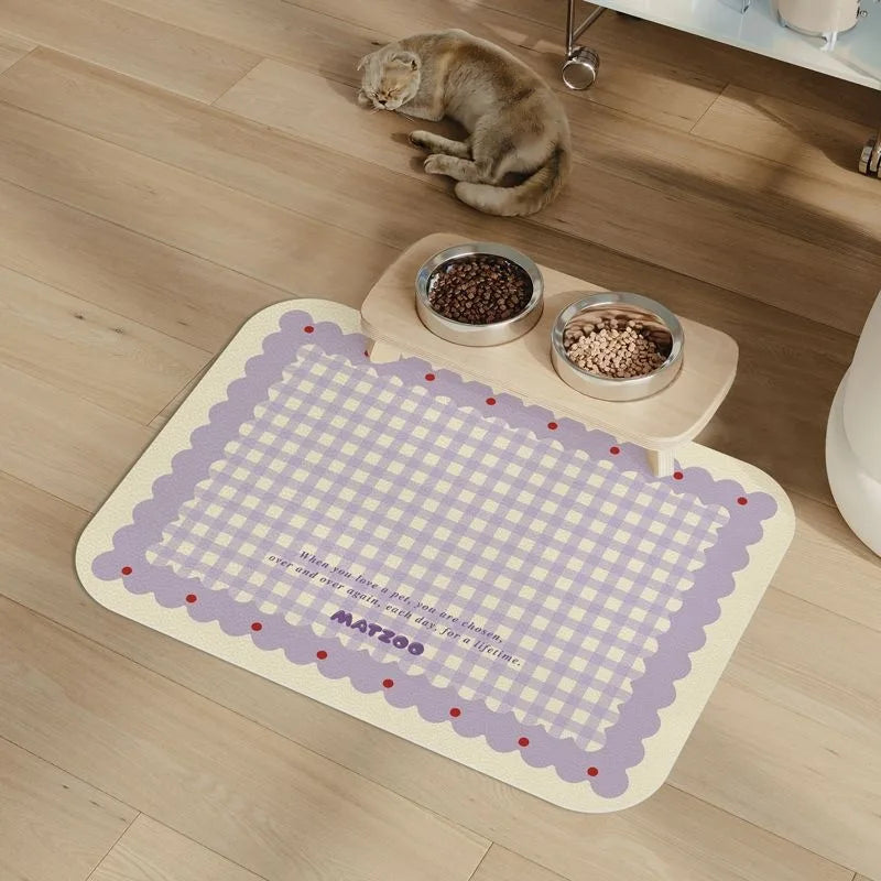 tapis alimentation animaux moderne carreaux jaune bleu violet anti slip