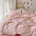 ensemble literie rose clair carreaux fronces blanches romantique doux tissu microfibre opacité