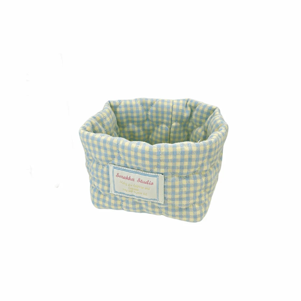 panier rangement tissu carreaux rose bleu vert jaune vintage réutilisable multiple doux ménage