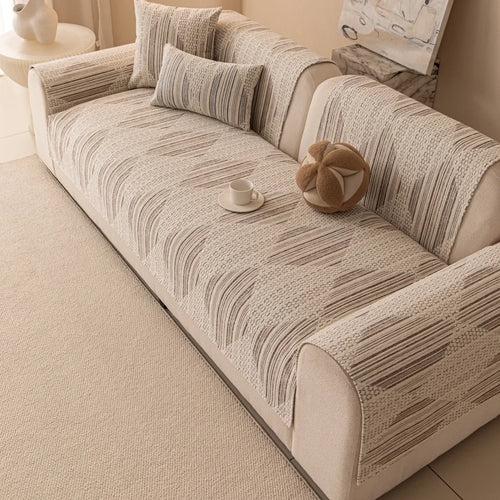 housse canapé chenille beige rayures horizontales moderne élégante coussins décoratifs anti dérapant