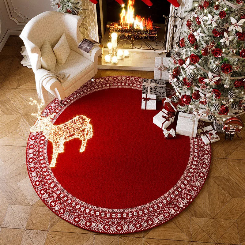 tapis sol rond noël arbre rouge cerf blanc décoratif festif maison salon intérieur