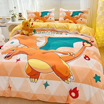 housse couette coton cartoon eevee charizard pikachu oreillers taies d'oreiller ensemble lit enfants motifs