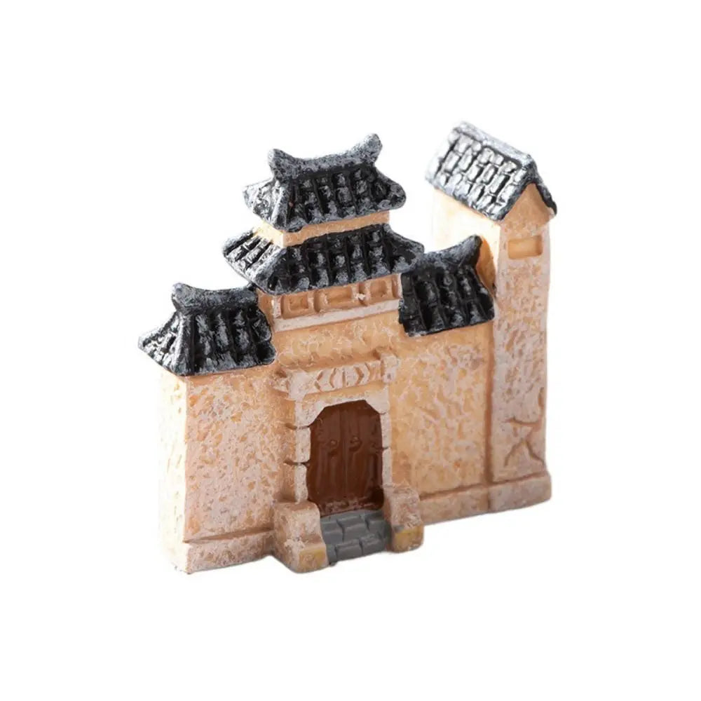 miniature village traditionnel résine beige gris brun foncé toitures tuiles statues lions chinois decoration