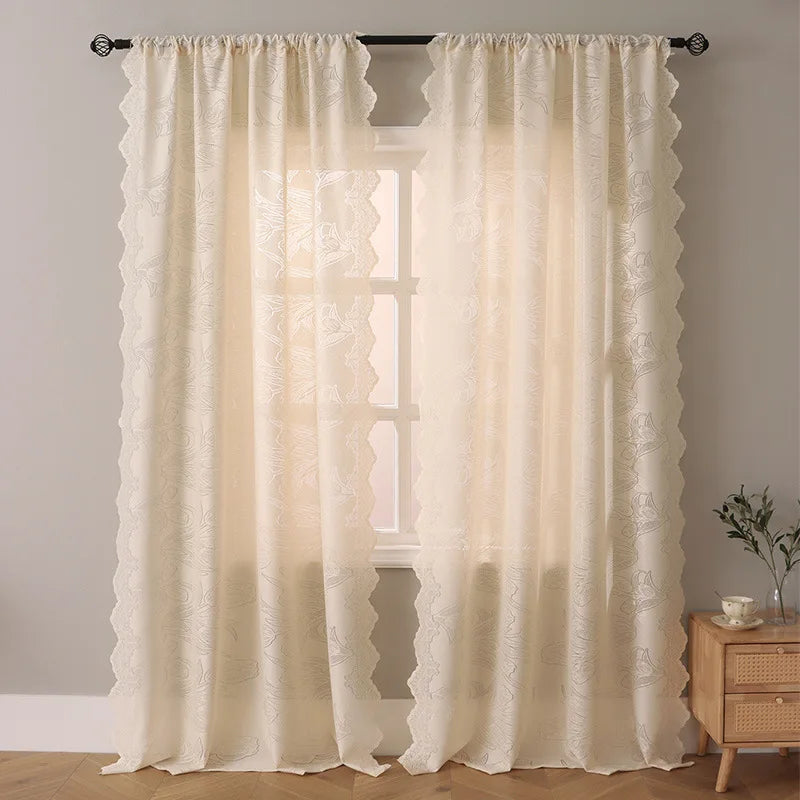 rideau gris clair fleurs blanches semi transparent classique romantique dentelé polyester chambre salon decoration