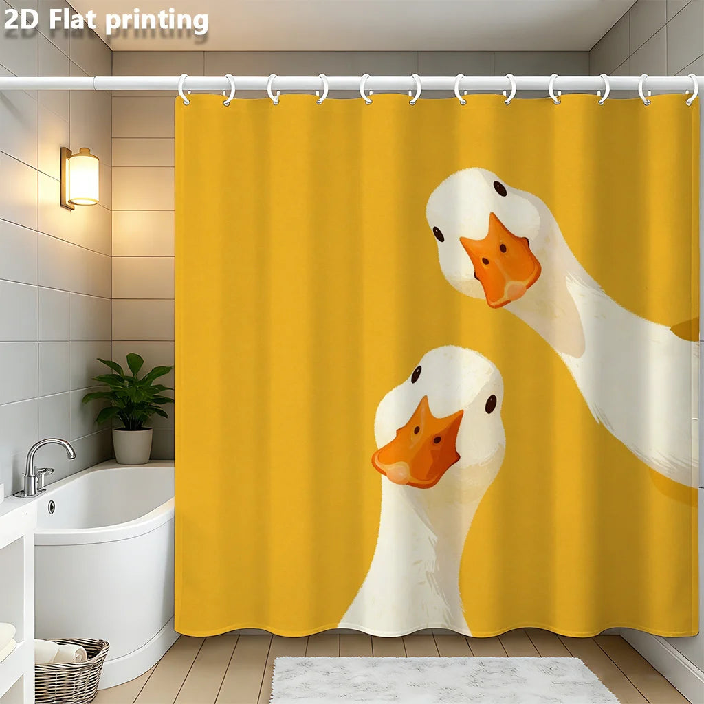 rideau douche jaune oiseaux canards illustration 2d anneaux métalliques opacité dessin animé salle bain