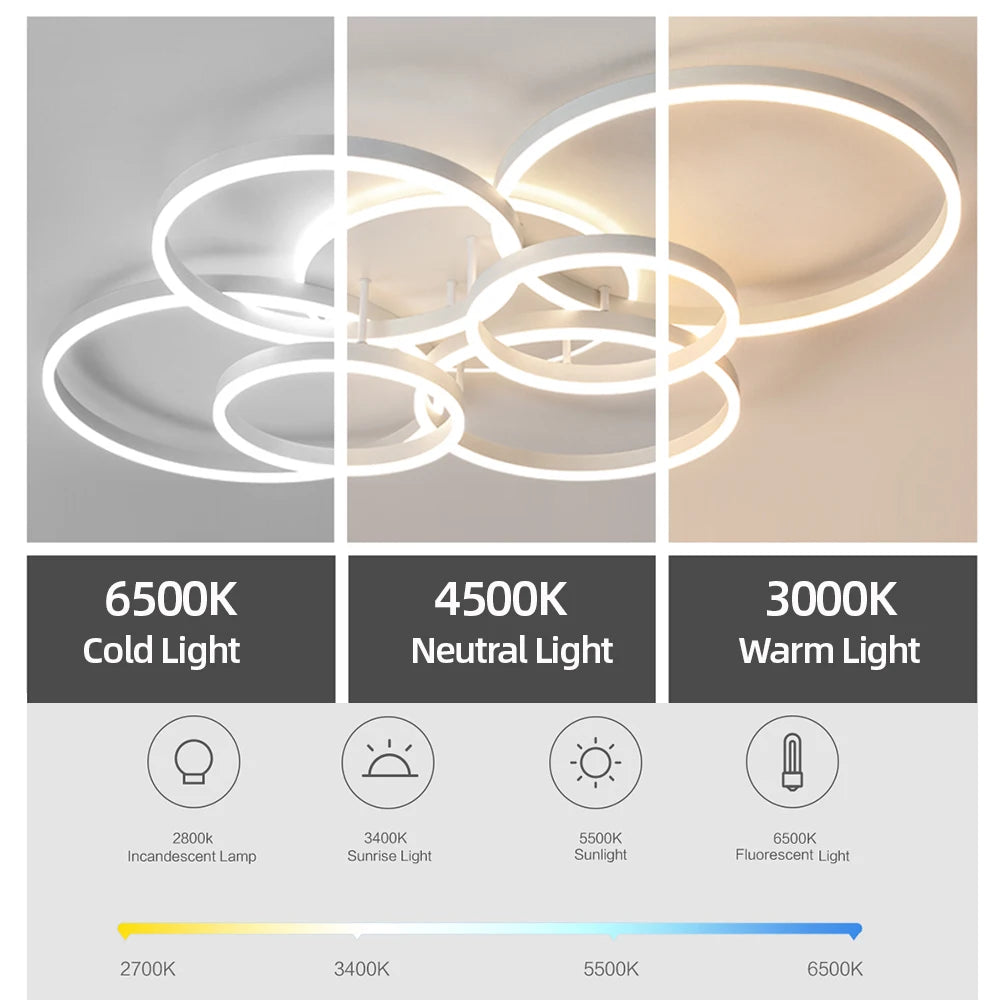 lampe moderne anneaux blanc or télécommande éclairage led minimaliste facile flux lumineux variable