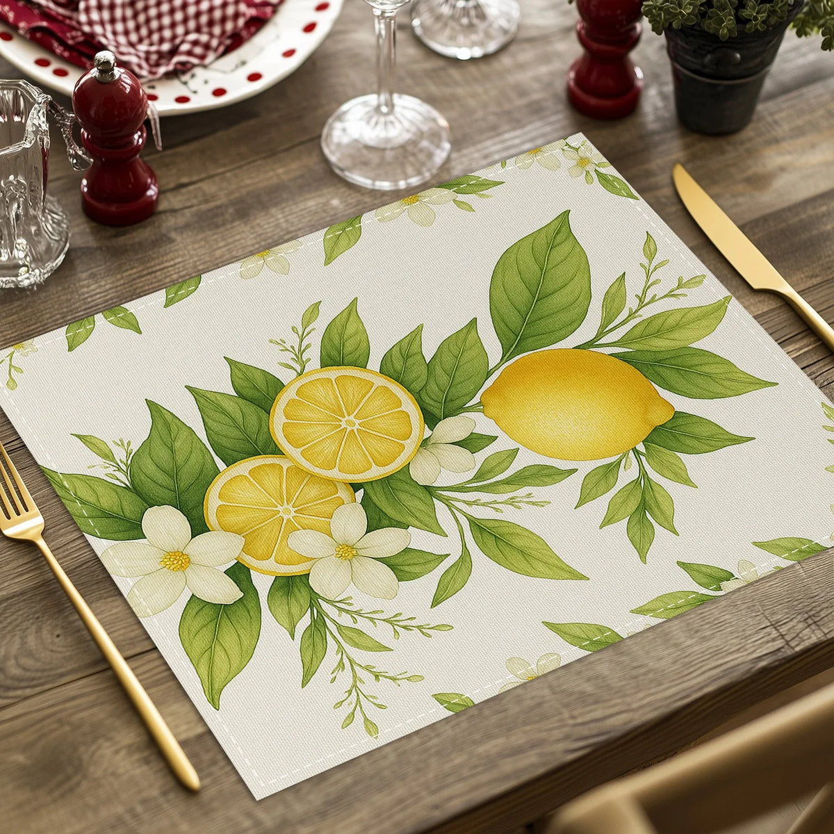 tapis table lin citrons feuilles fleurs blanches été printemps moderne naturel