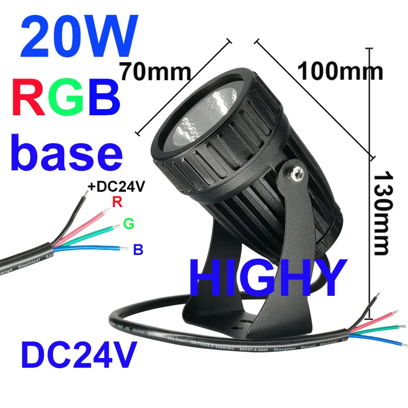 projecteur led jardin 20w ip65 moderne vis fixation câble fil rouge vert bleu