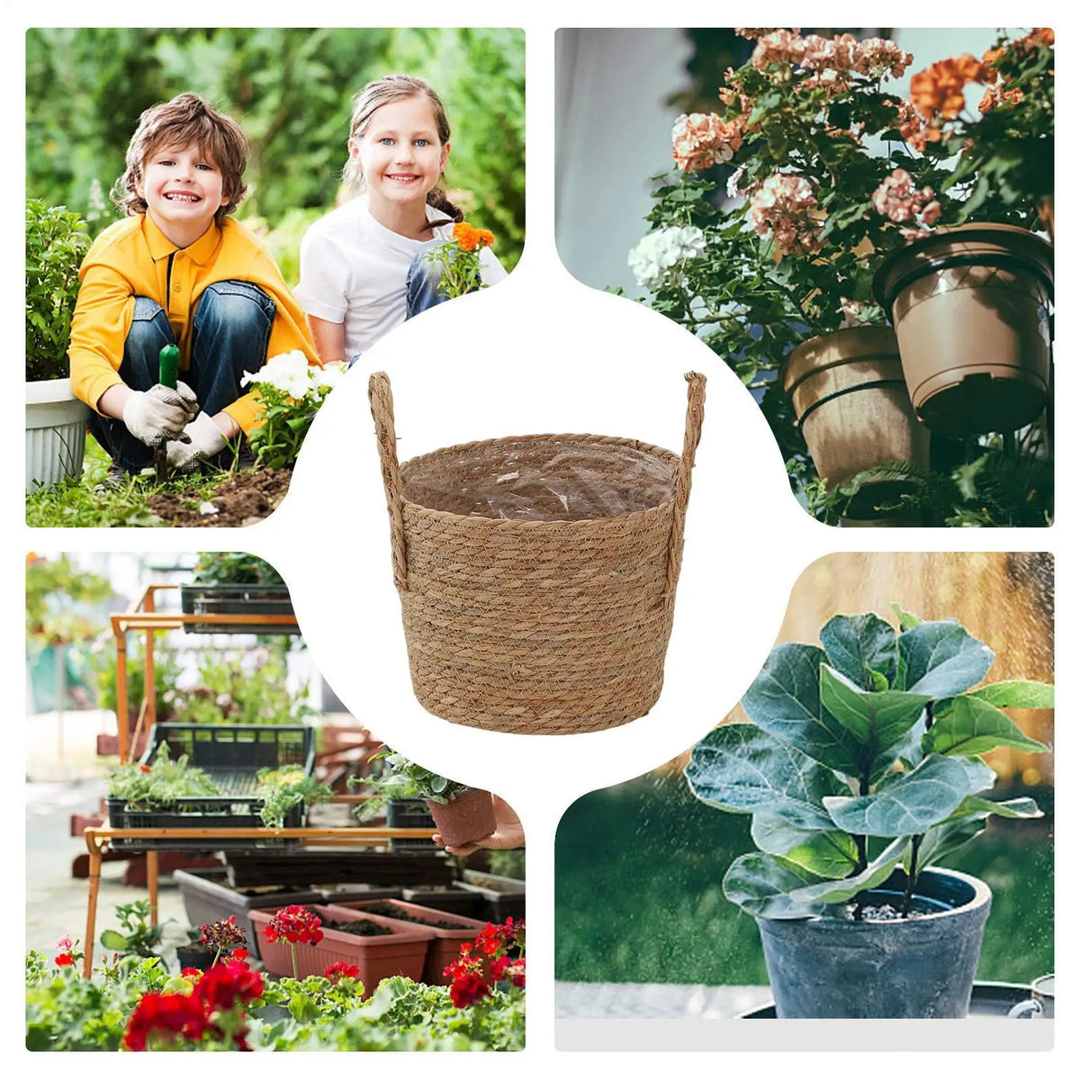 panier plantes marron clair tissé rustique poignées osier plantes vertes naturel durable transport facileintérieurextérieur