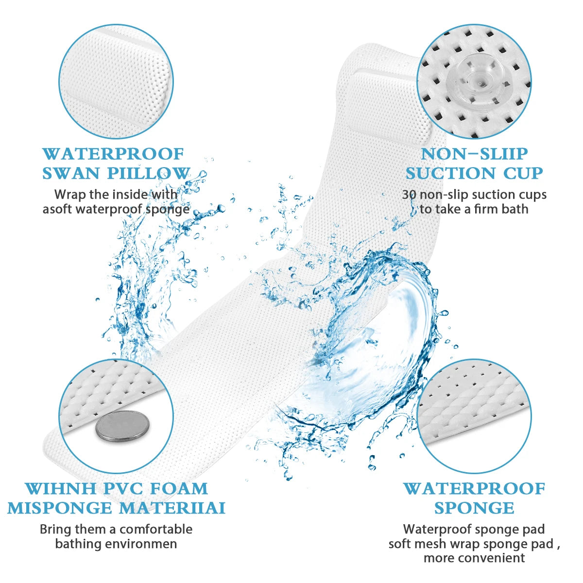 coussin bain blanc maille fine antidérapant suction cup confortable accessoire baignoire sécurité salle bain