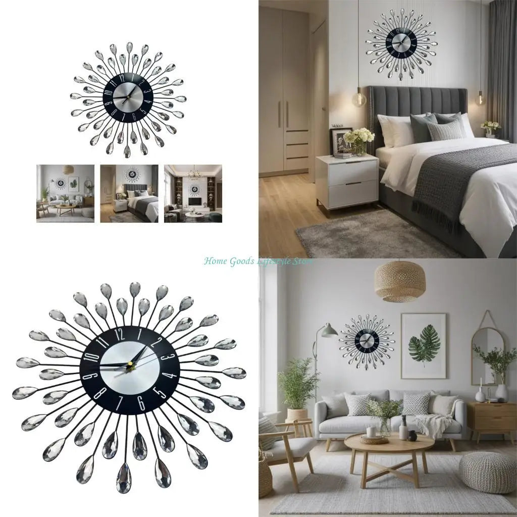 horloge murale moderne floral noir argenté élégante sans tic tac salon