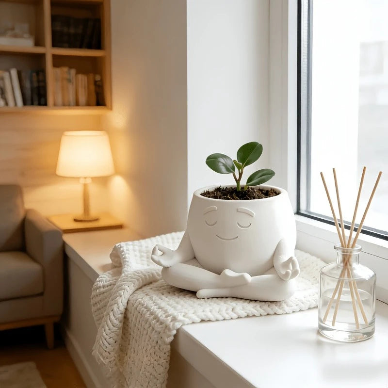 pot fleurs forme méditant blanc surface mat décorative zen minimaliste succulentes tapis diffuseur parfum