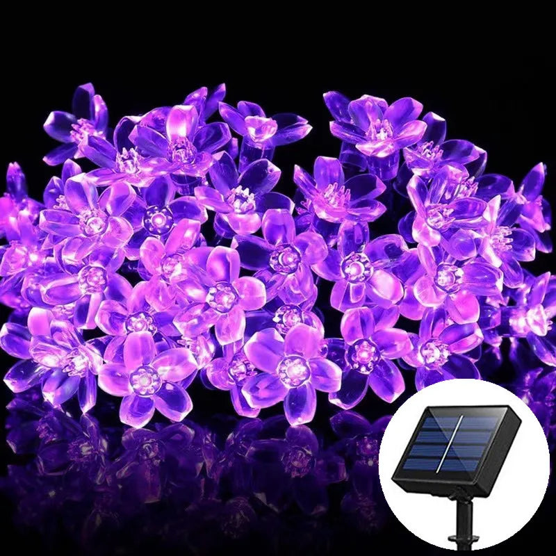 guirlande lumineuse solaire fleurs violet bleu moderne décoration extérieure imperméable piquet 100leds 200leds 22mètres