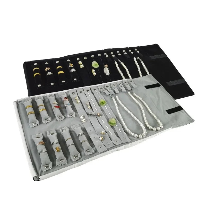 porte bijoux pliable velours noir gris clips moderne pratique sac rangement bijoux