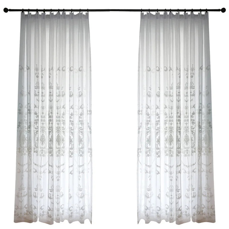 rideau tulle blanc broderie fleurs transparent classique salon chambre fenêtre maison décoration intérieur