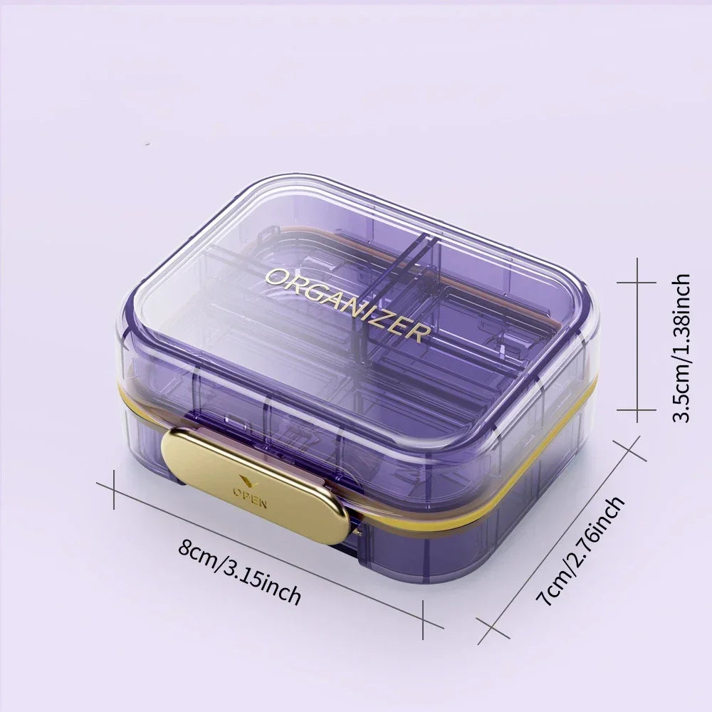 boîte rangement médicaments réutilisable transparente moderne vert bleu violet poignée dorée compartments