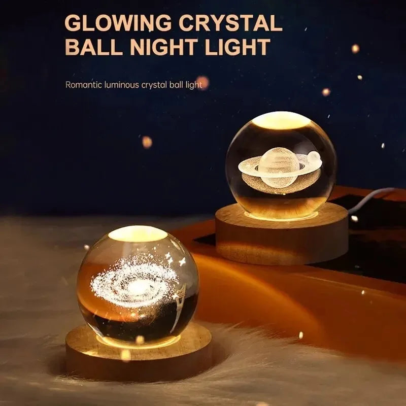veilleuse boule cristal galaxie saturne transparente base bois minimaliste led éclairage maison decoration
