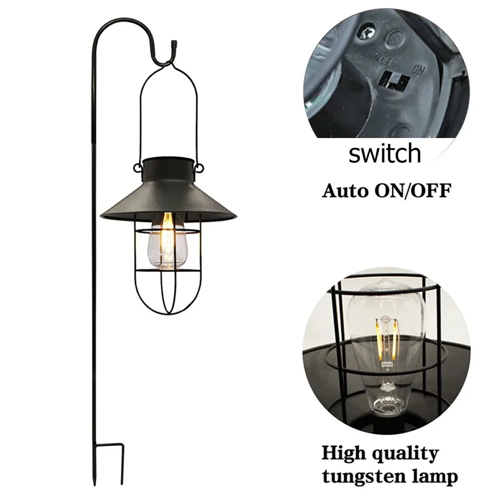 lampe solaire vintage transparente cuivre noir cage métallique filtre filament auto on offextérieur patio