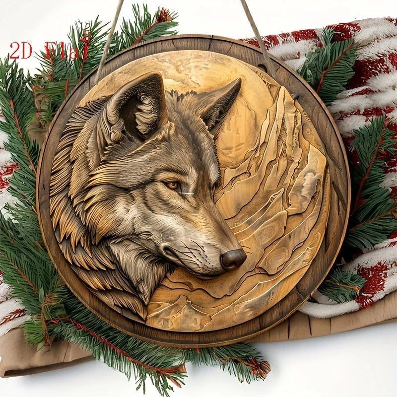plaque décorative 3d loup relief bois artisanal marron gris beige
