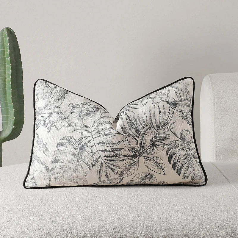 housse coussin moderne motif végétal noir beige adhésif tassel salon 30x50cm 45x45cm amovible lavable