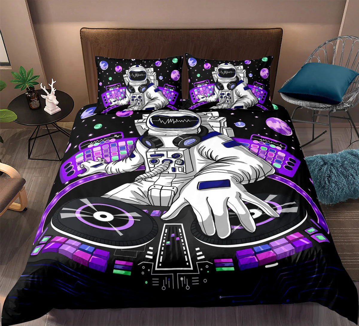 housse couette astronaute noir violet moderne 100 polyester taie d'oreiller geométrique planets graphique enfants