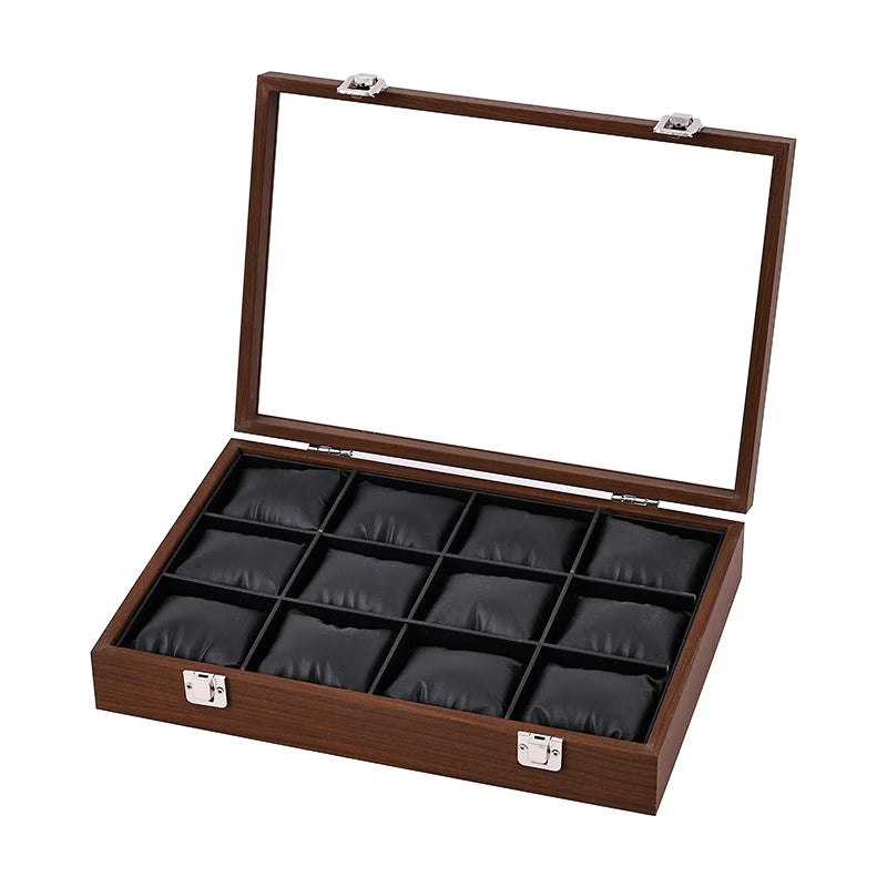 boîte montres boites 12 emplacements verre transparent moderne poignées métalliques coussinets doux rangement sécurité