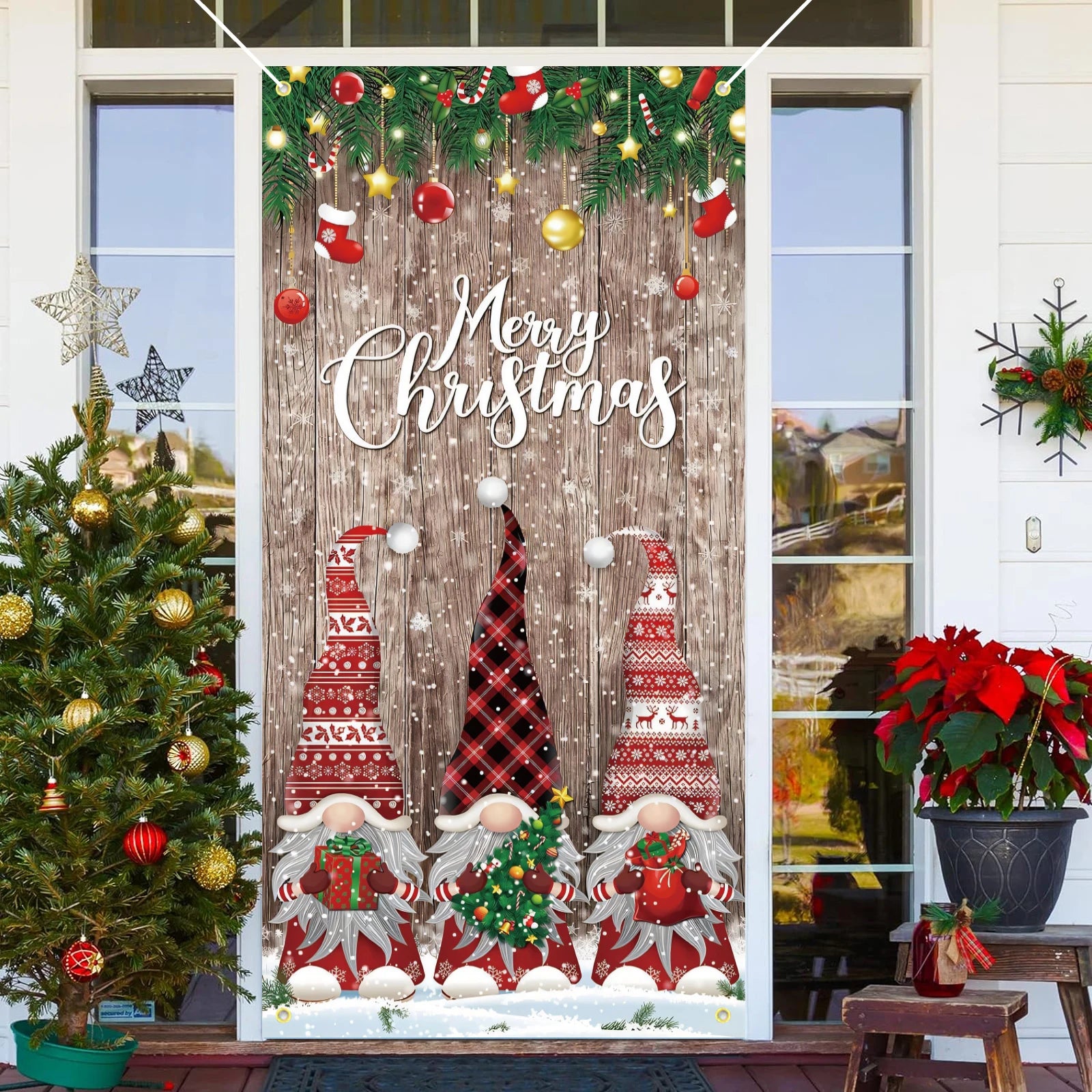 Bannière festive pour porte d'entrée décorée de flocons de neige