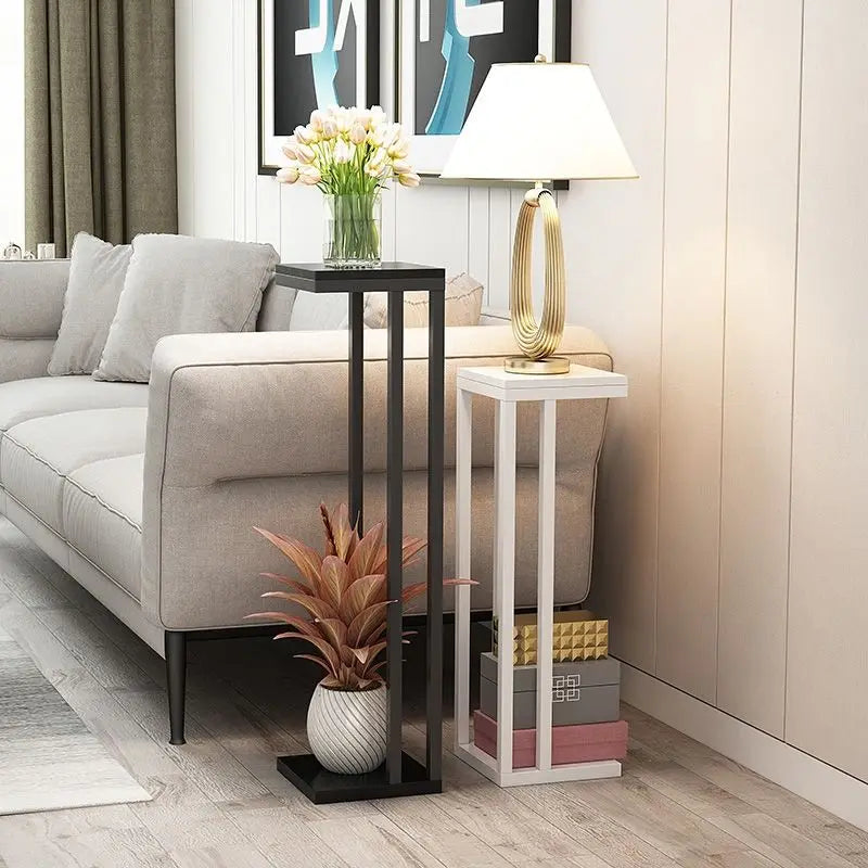 support plante moderne structure double couche blanc noir bois transparent minimaliste plateaux verre